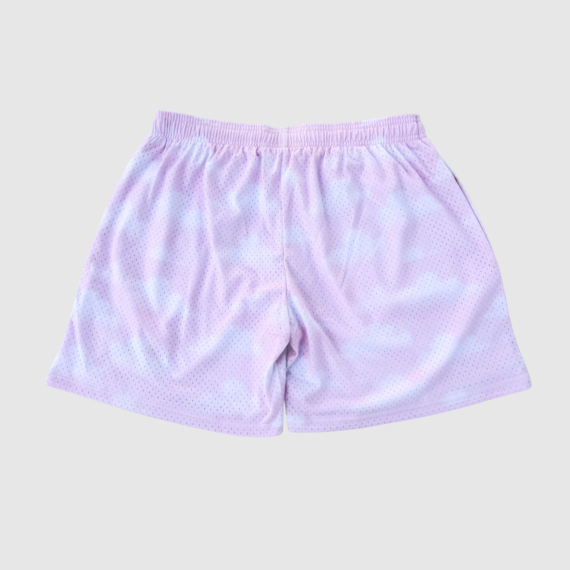 Pink Skyy mesh basketball shorts with black drawstring and Swish Lab logo, back view.