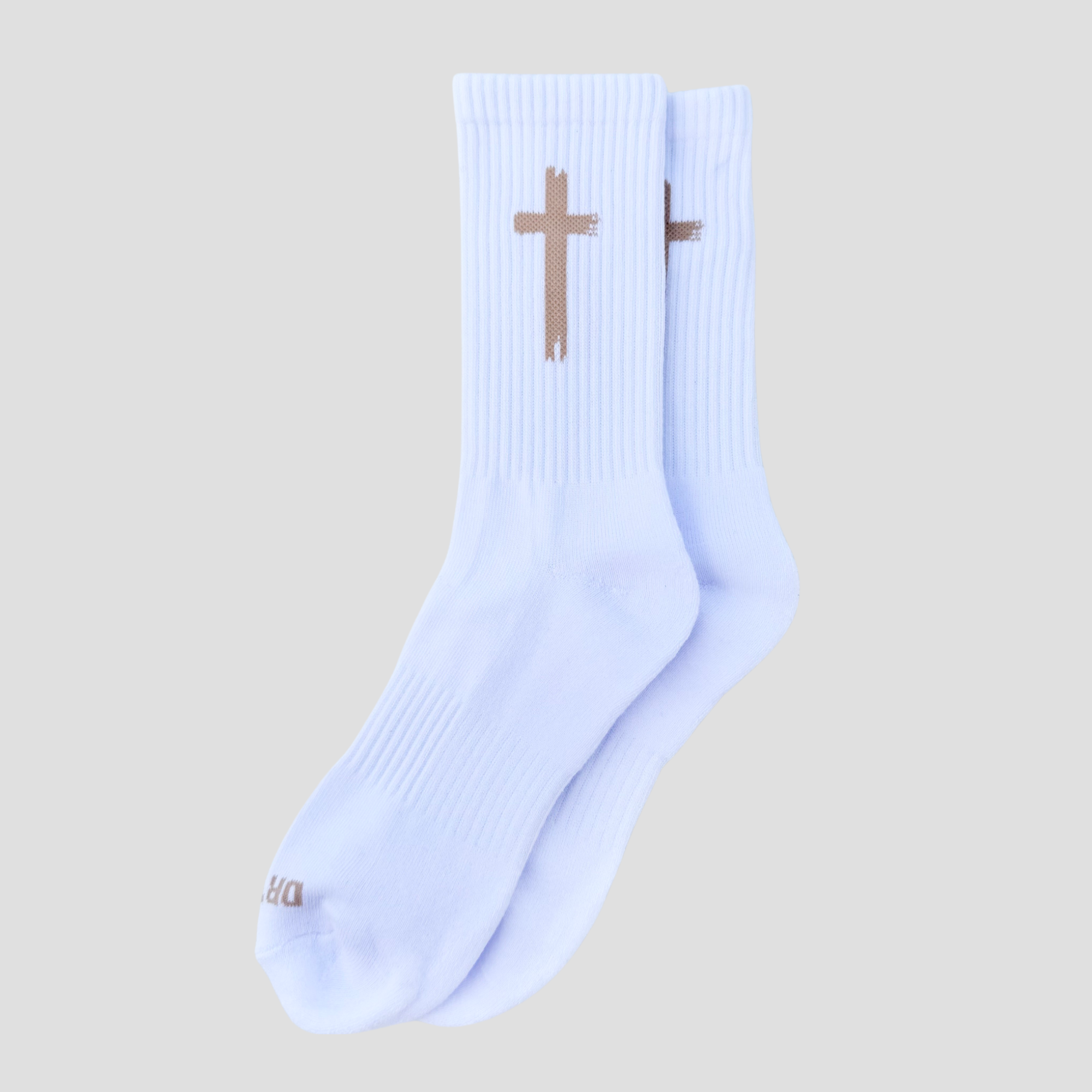 Swish Lab Cross Logo crew socks featuring cushioned footbed, ribbed arch support, and breathable athletic cotton blend. Beige sandstone cross logo.