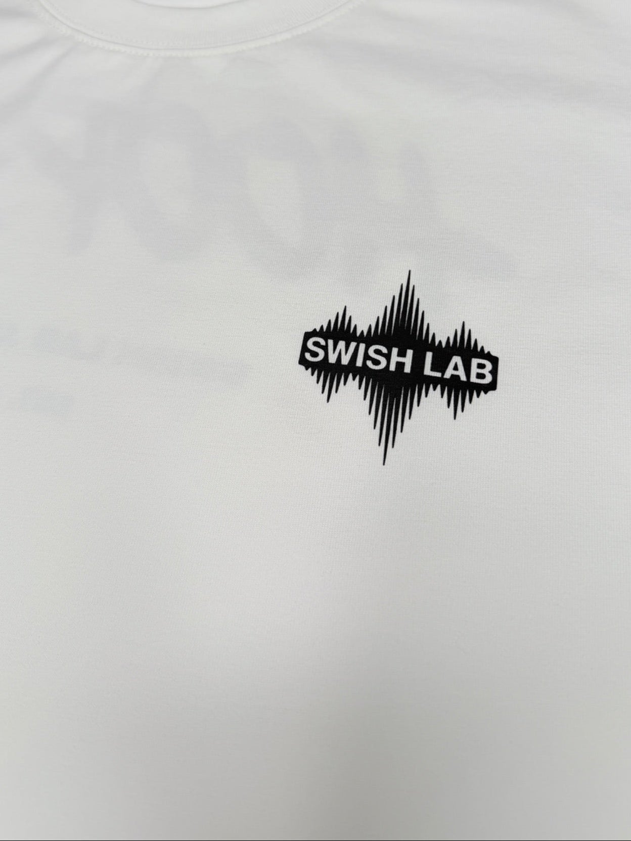 ivory White sound wave t-shirt with 'Swish Lab' logo 